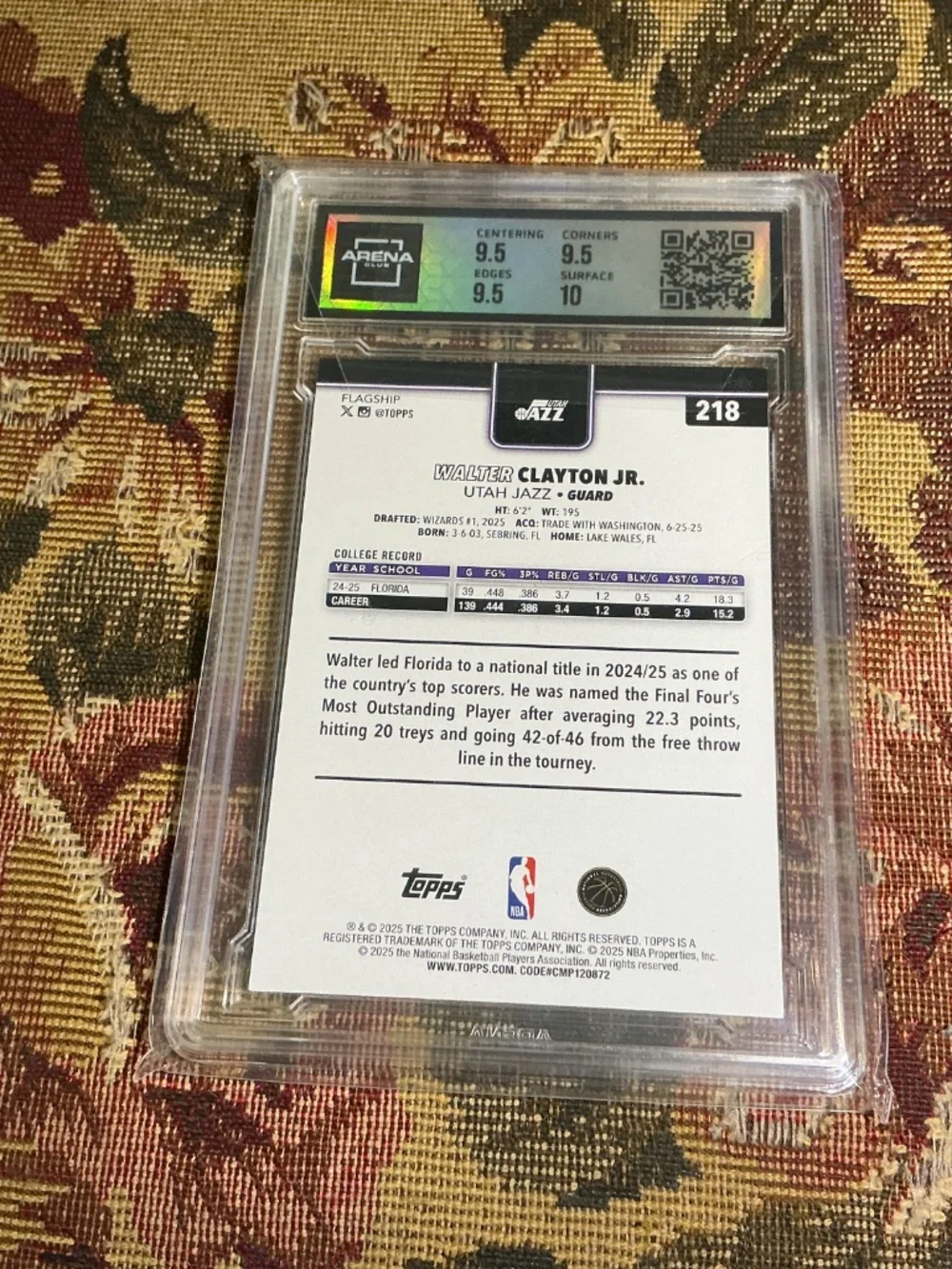 2025-26 Topps 218 Walter Clayton Jr. Rookie card Graded Arena 10